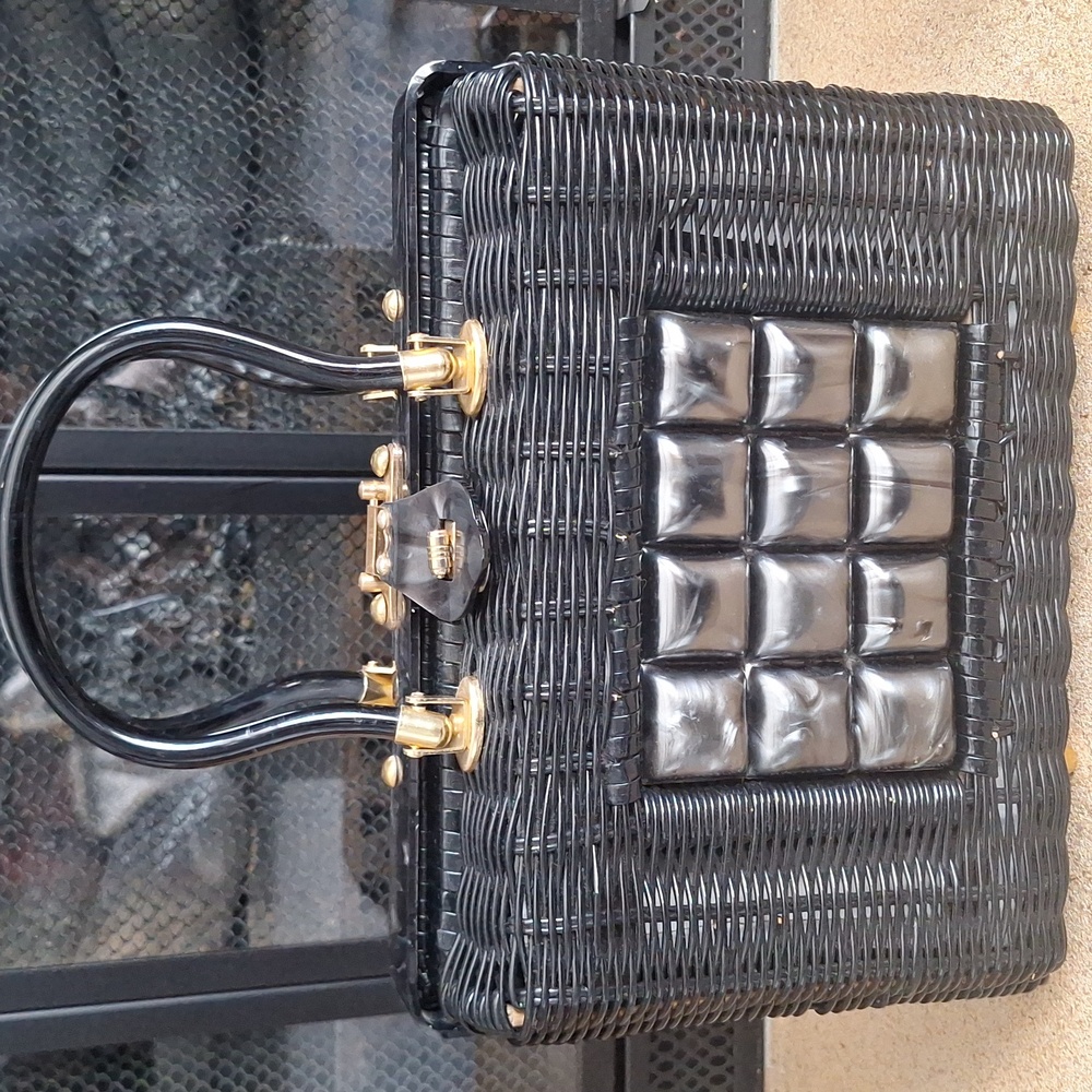 Vintage Stylecraft Black Basket and Lucite top handled handbag